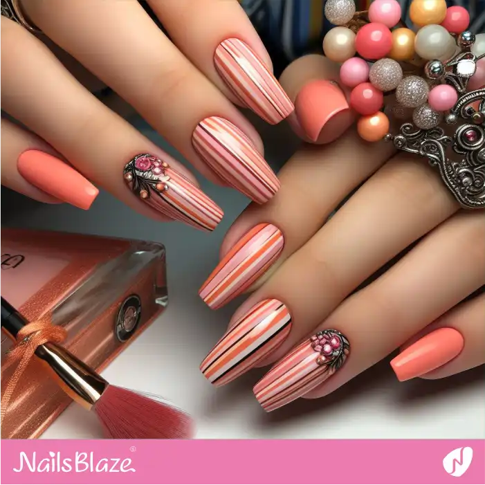 Peach Fuzz Striped Nails with Flower Decoration | Color of the Year 2024 - NB1872